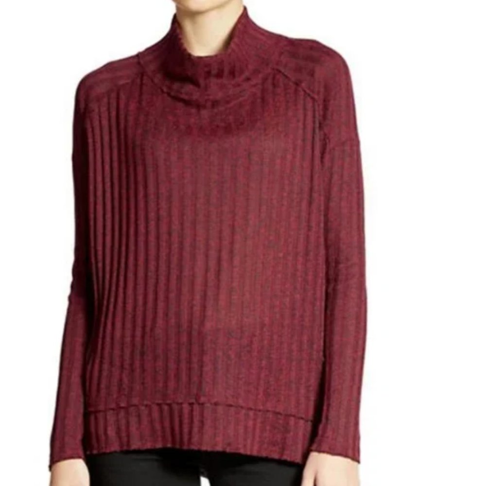 Free People Berry Black Ribbed Mock Neck Long Sleeve Clarissa Sweater